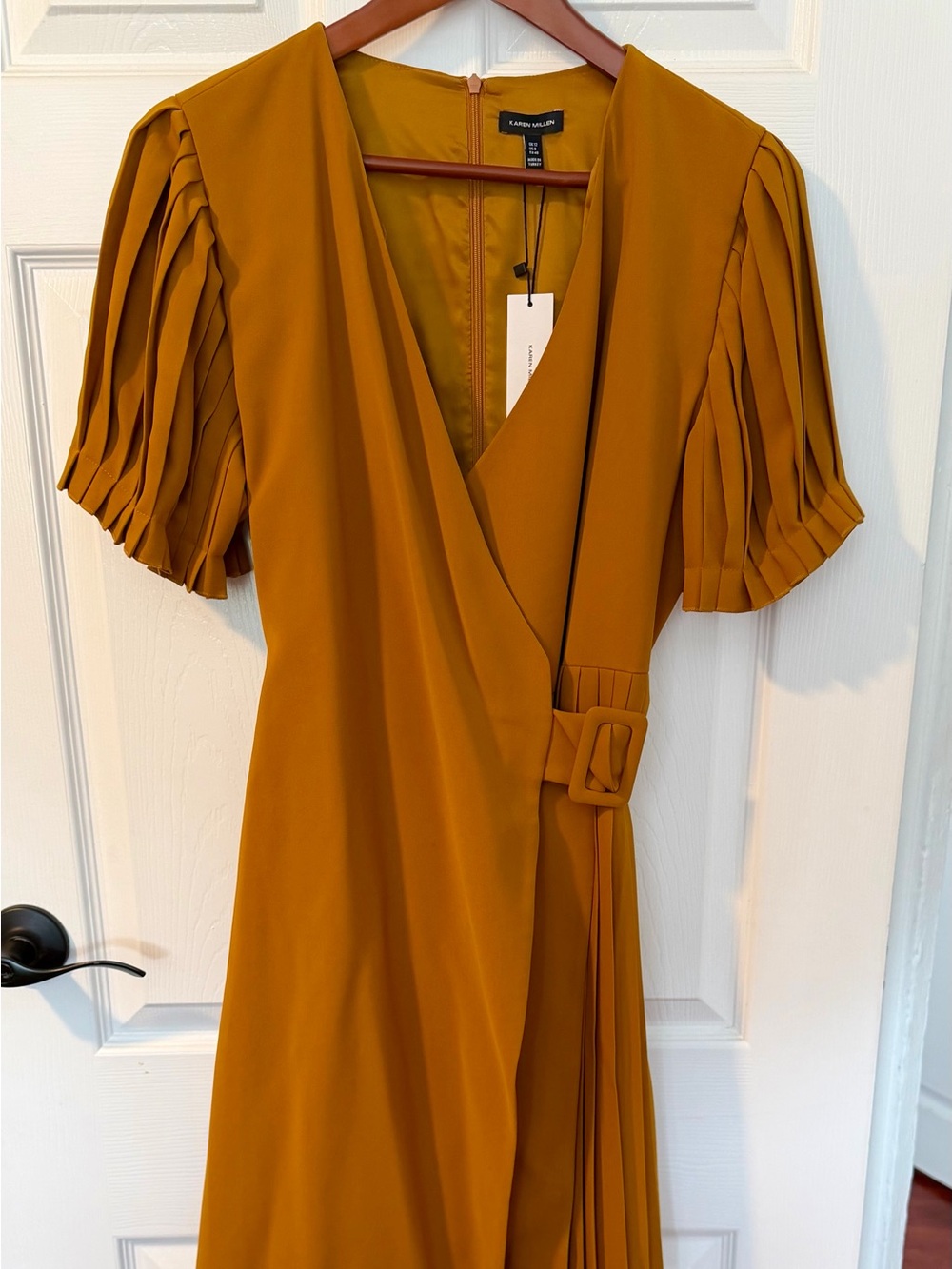 Karen Millen Cognac Belted Wrap Midi Dress with Pleated Sleeves and Skirt